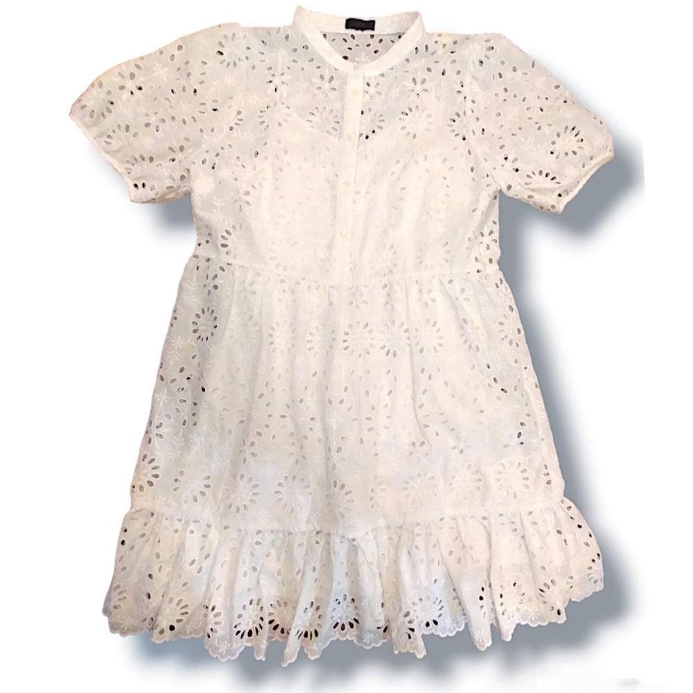 J.Crew White Eyelet Puff Sleeve Ruffle Dress AW798 - Picture 2 of 7